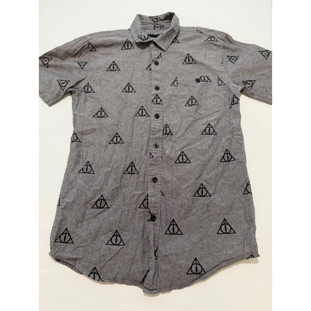 Harry Potter Mens Deathly Hallows Button Down Shirt Grey Cotton Short Sleeve S